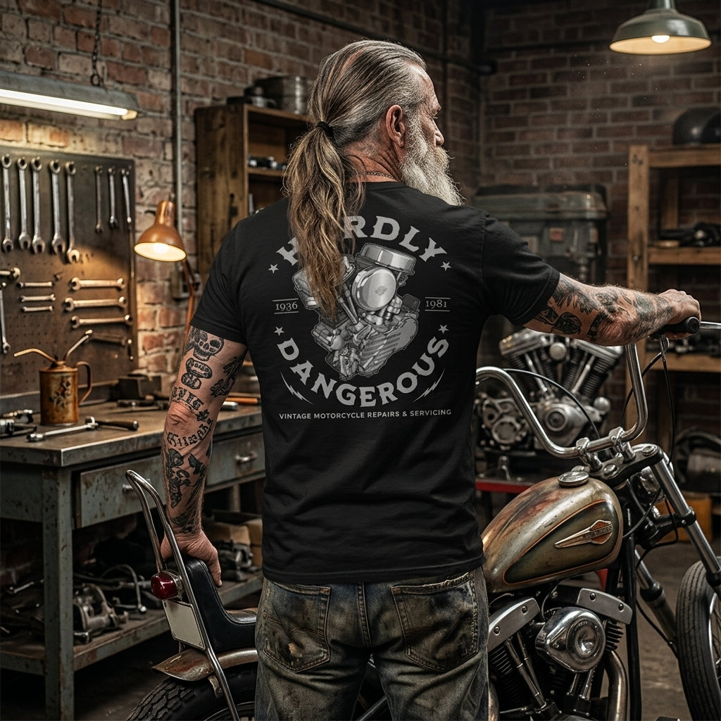 Hardly Dangerous "Vintage Motorcycle Repairs & Servicing" Unisex Classic Tee