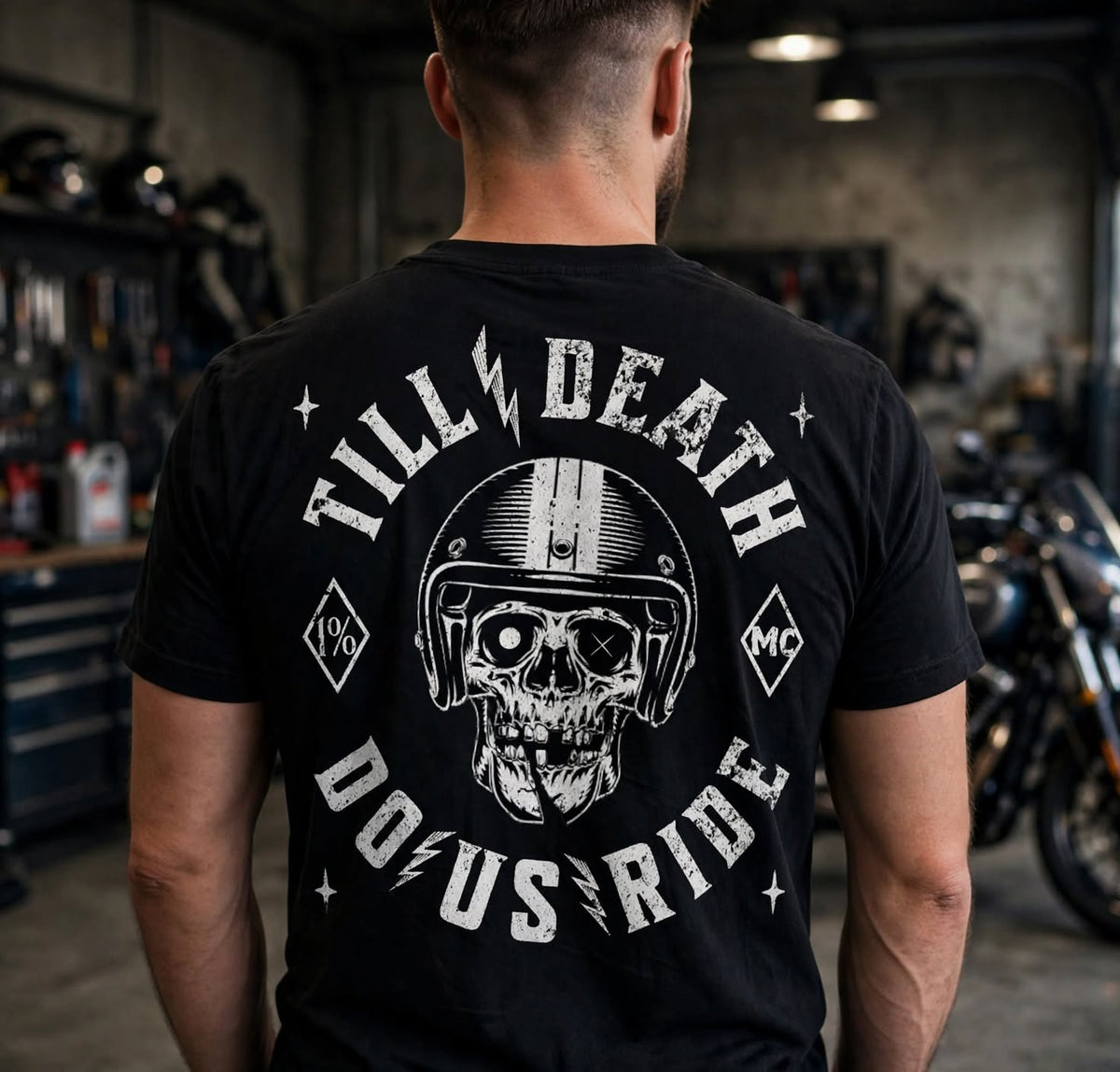 Till Death Do Us Ride - 1% MC Biker Skull Helmet T-Shirt Unisex classic tee